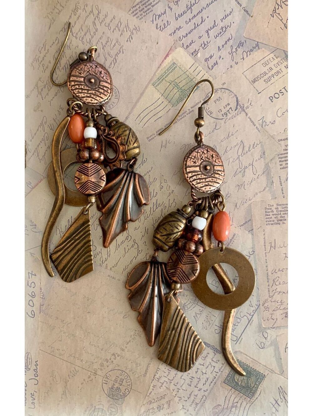 Vintage Boho Chic Mixed Metal Leaf Dangle Earrings with Coral Accents